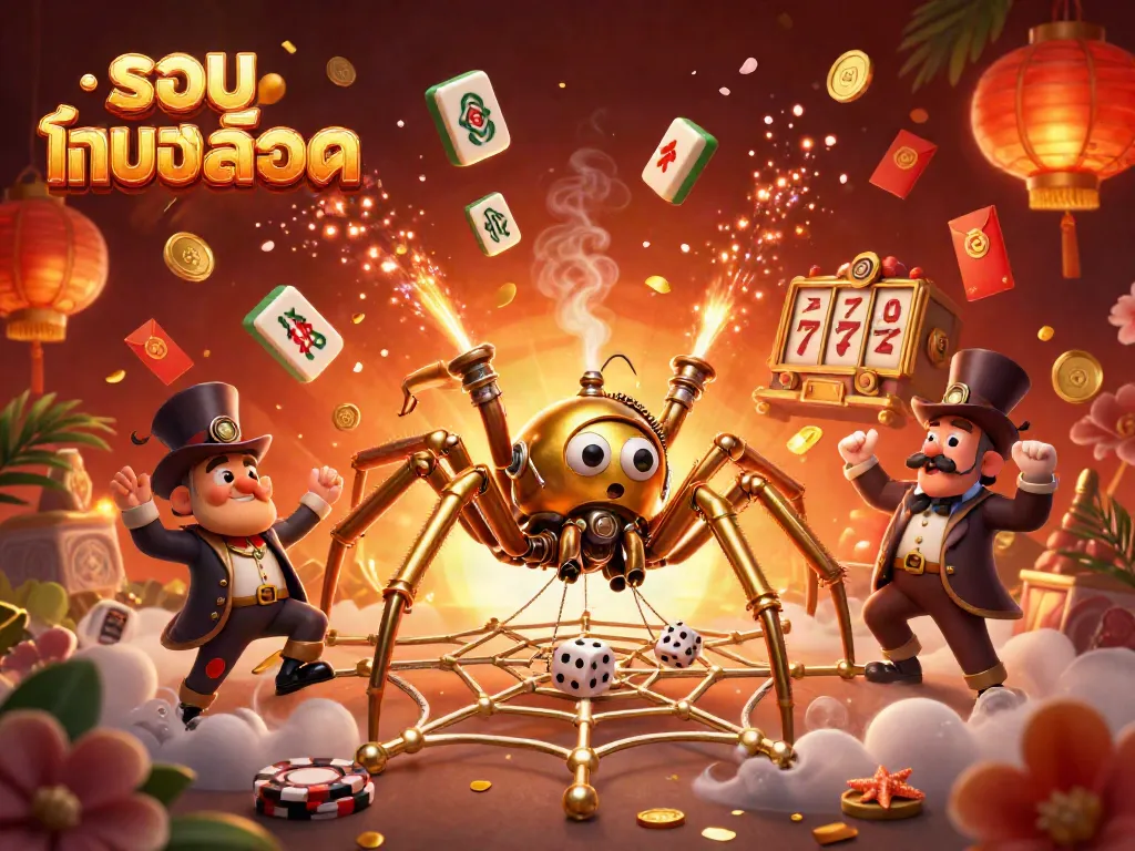 Immerse in the world of รวมเกมสล็อต with a vibrant 3D illustration of a golden spider and thematic elements.