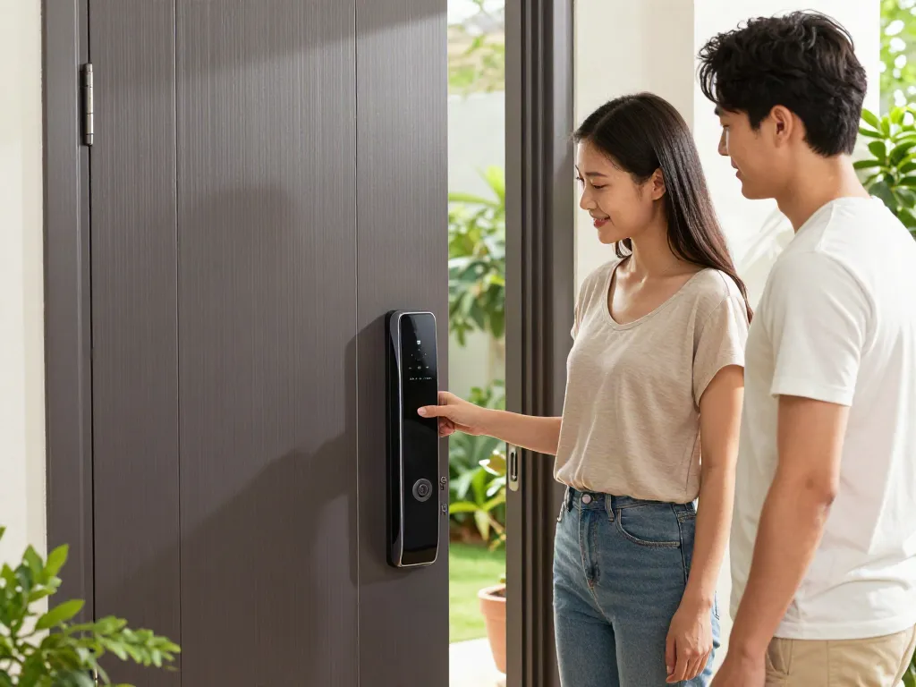 خرید قفل هوشمند with a couple using a smart lock by their front door