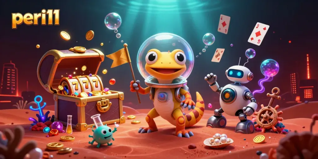 Experience thrilling games at peri11 with a cartoon Martian gecko discovering a golden casino on Mars.