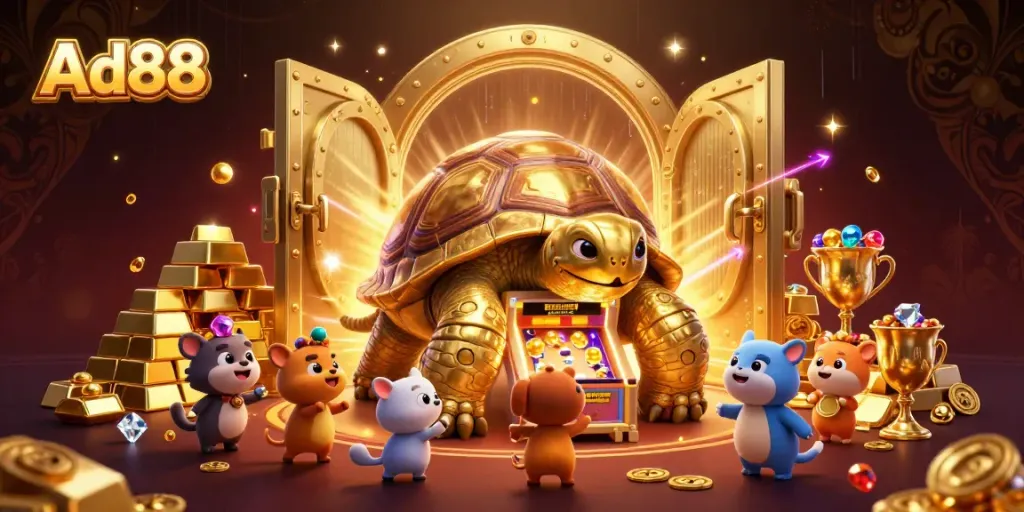 Ad88 showcases thrilling gameplay with a colossal golden tortoise pinball machine and fun treasure elements.