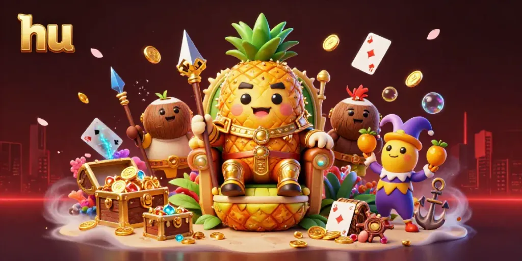 Engage with hu's vibrant casino scene featuring a golden pineapple king and treasures.