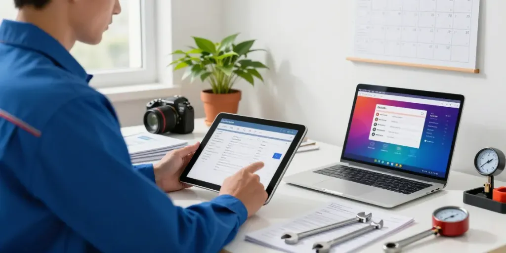Efficient workspace featuring Plumbing Business Software on a tablet, tools, and project reminders.