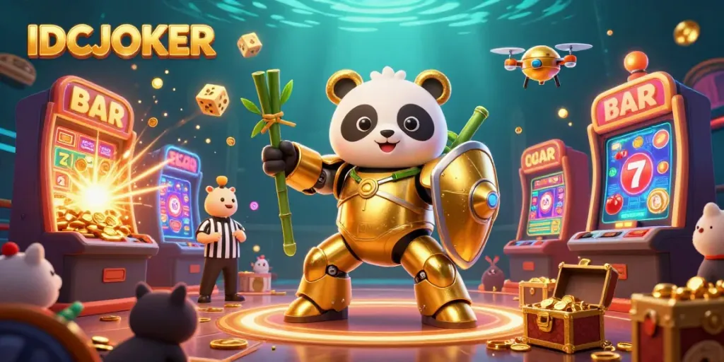 IDCJOKER engages players in a vibrant casino scene showcasing a mech-suit panda amidst slot machines and cheering animals.