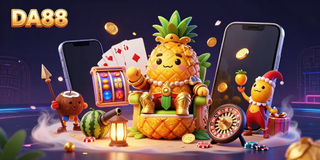 Engage with DA88 in a lively casino scene with a pineapple king, coconut guards, and vibrant gaming elements.