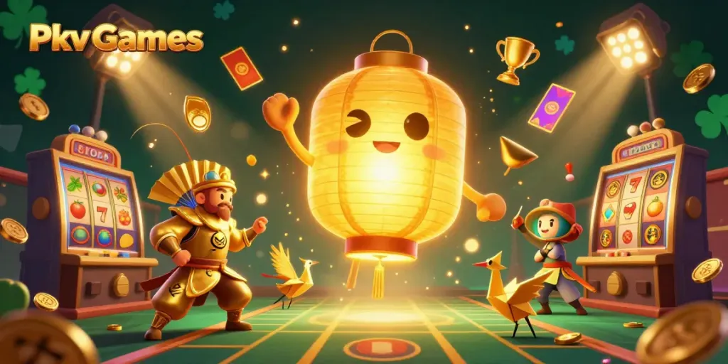 Experience the thrill of Pkv Games with vibrant slot reels, glowing symbols, and interactive gaming elements.