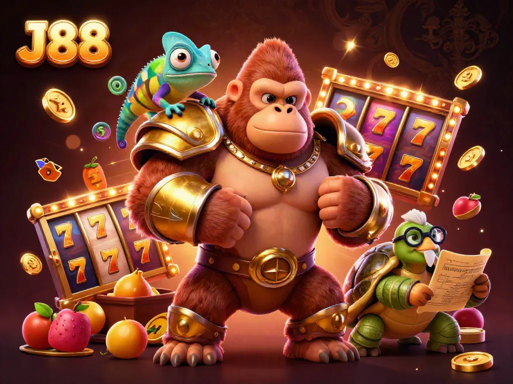 Engage with the exciting J88 casino experience featuring colorful slot reels and dynamic gaming elements.