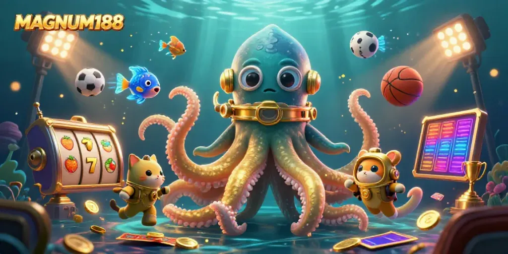 Engage with MAGNUM188 amidst a vibrant underwater casino scene featuring a kraken and diving cat.