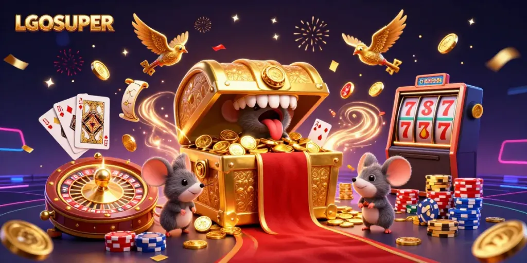 Experience thrilling gaming adventures with LGOSUPER, featuring golden treasures and dynamic casino elements.