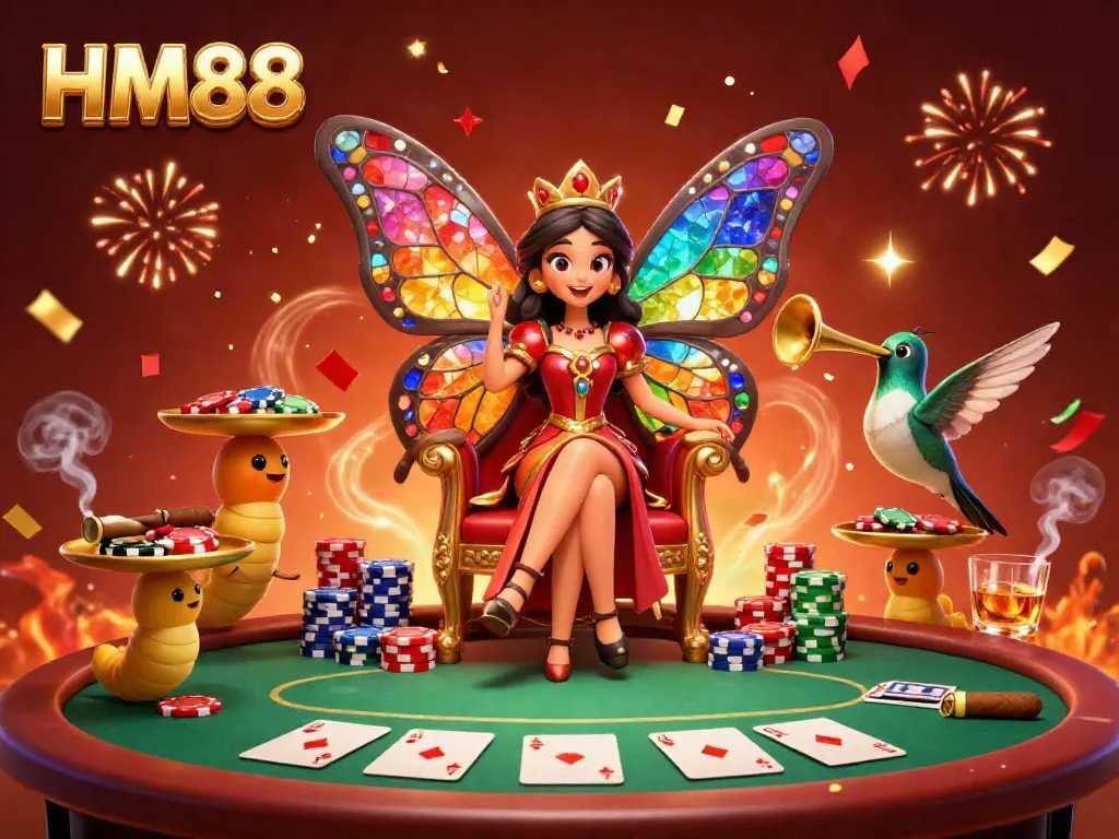 Experience thrilling poker action at HM88 with a butterfly queen and vibrant casino elements.