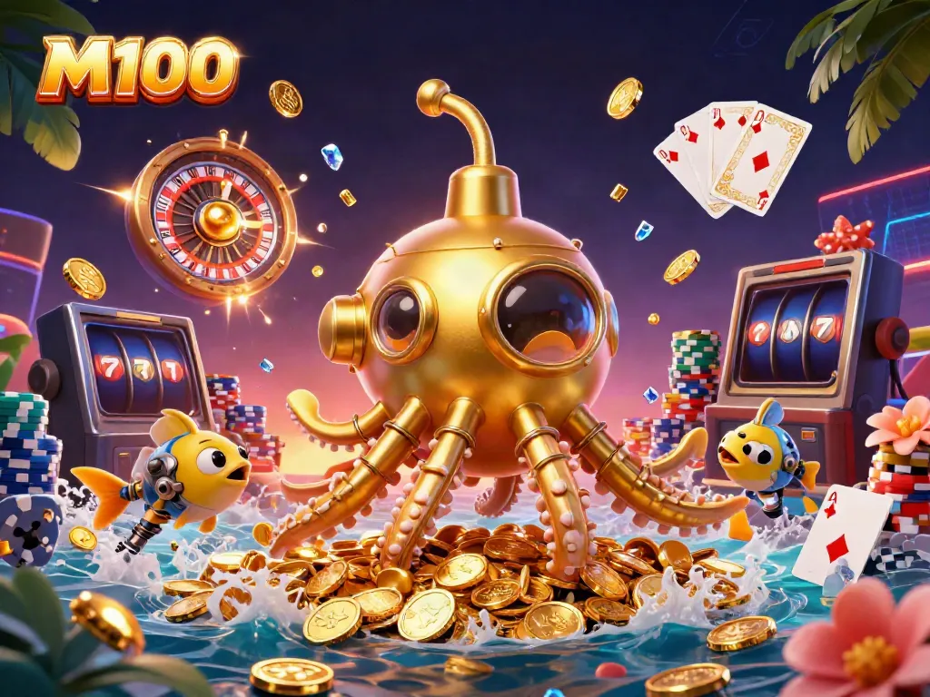 Win big with M100 at a vibrant online casino featuring a golden kraken and spinning slots!
