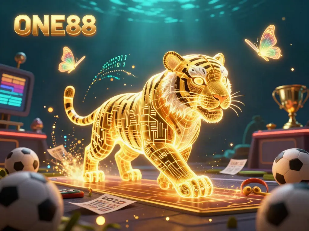 Engage with ONE88's thrilling sports betting scene, featuring a dynamic tiger and holographic companions.