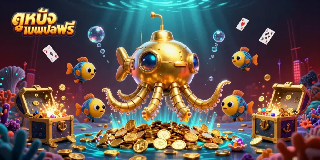 Experience ดูหนังออนไลน์ฟรี with a vibrant 3D illustration of a kraken submarine amidst golden coins.