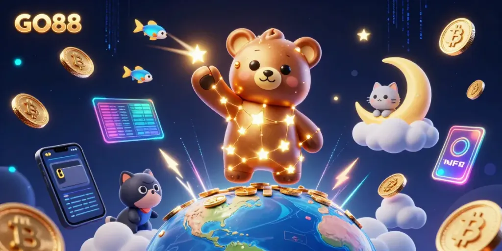 Engage in thrilling gameplay at GO88 with a constellation bear scooping coins among dazzling crypto elements.