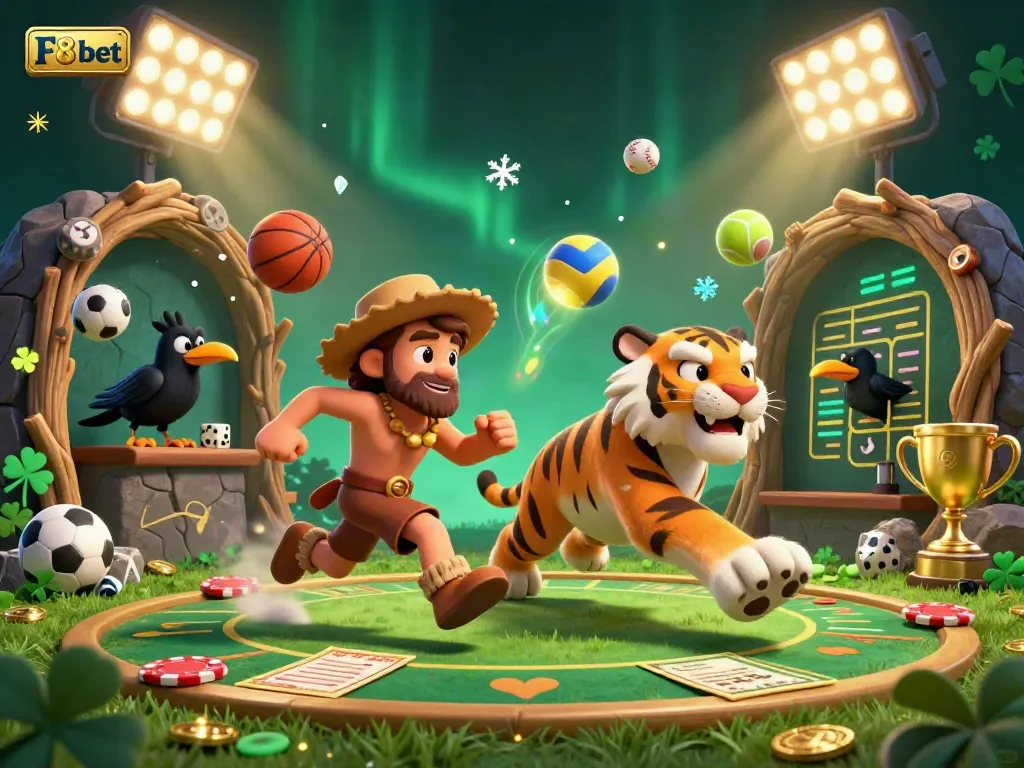 Experience thrilling gaming action at F8bet's prehistoric casino with vibrant characters and dynamic elements.