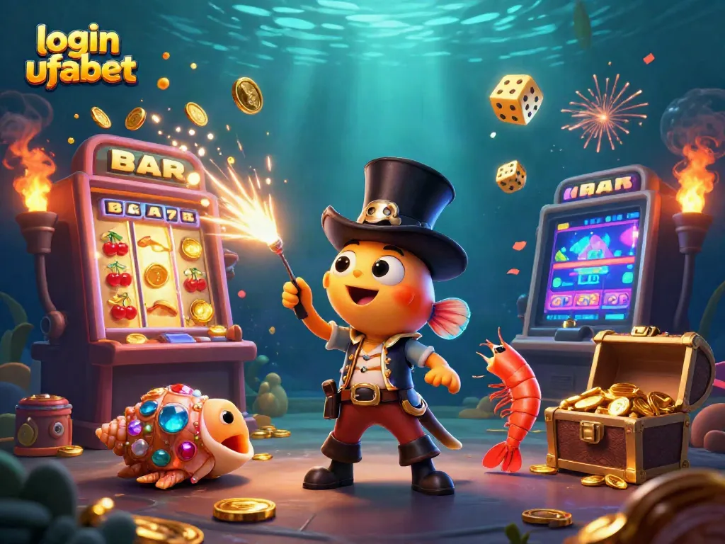 Experience the excitement of login ufabet with vibrant casino elements and animated sea creatures.