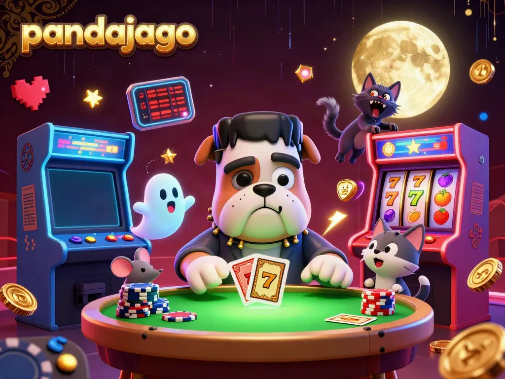 Gambarkan pandajago yang dikelilingi karakter kartun dalam suasana kasino yang seru.