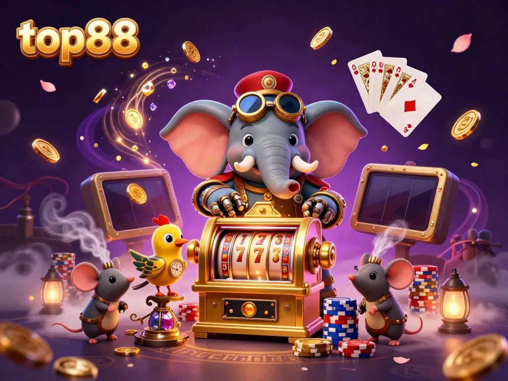 Experience thrilling top88 gaming with a steampunk elephant, colorful chips, and sparkling coins.