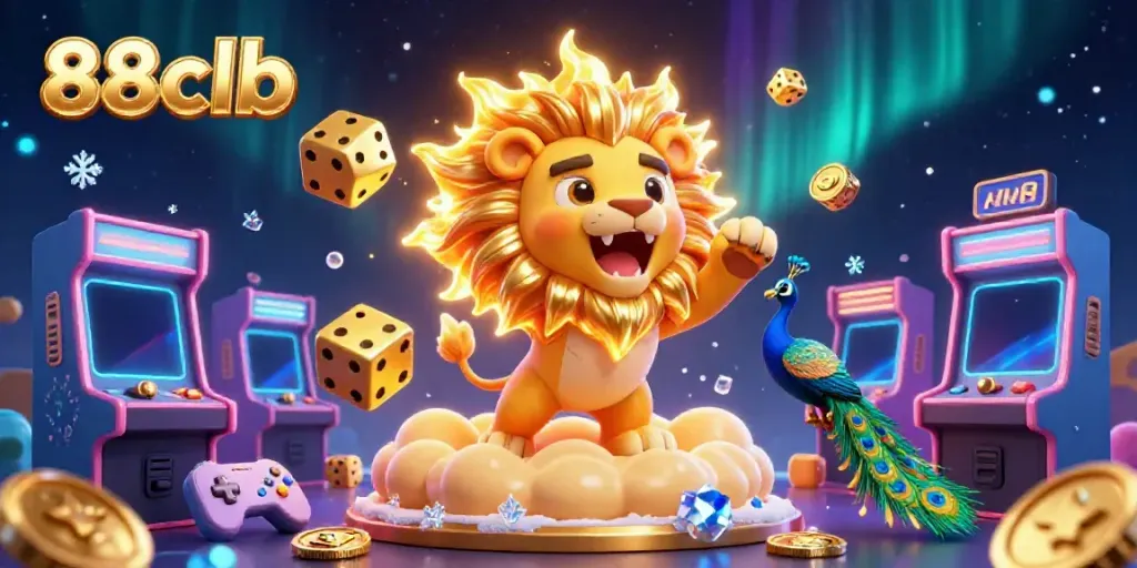 Experience the thrill of 88clb's vibrant casino environment with a roaring sun lion, golden dice, and dynamic gaming elements.