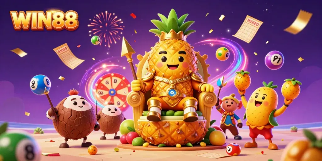 Experience the excitement of WIN88 with lively casino elements in a vibrant 3D illustration.
