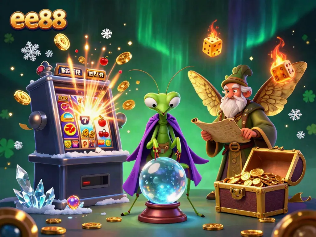 ee88 jackpot explosion with a fortune teller and librarian amid rich casino elements.