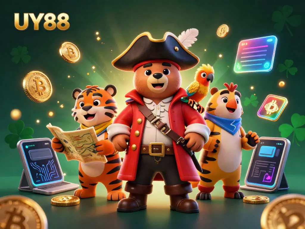 Engage with UY88 as a vibrant pirate-themed casino featuring colorful 3D characters and crypto elements.