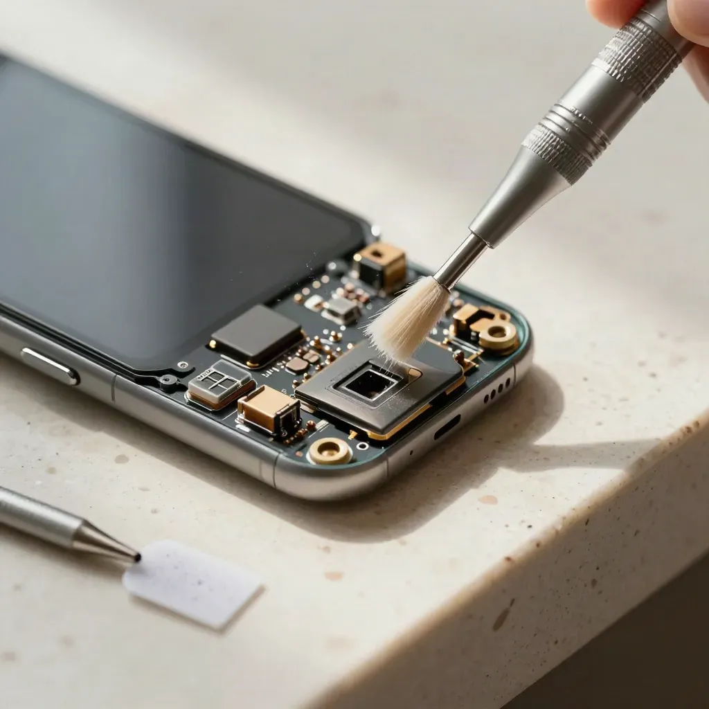 Macro of a cleaned phone charging port with repair tools on a pale stone bench, dust in light.
