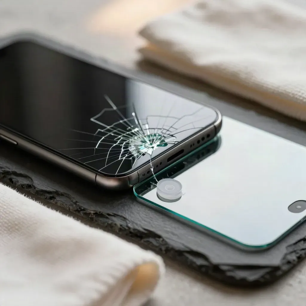 Cracked phone glass beside replacement screen, suction cup, and microfiber wrap on stone.
