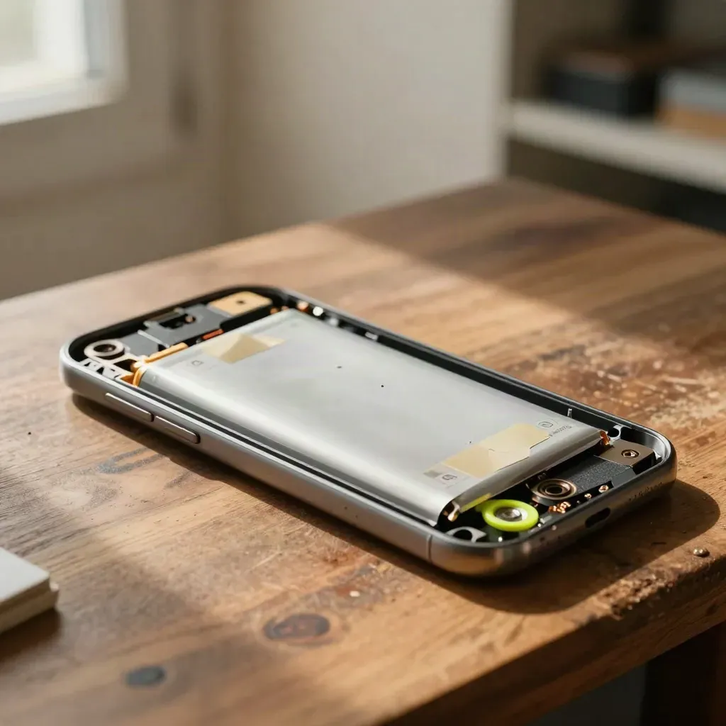 Opened phone chassis with fresh battery beside swollen old cell on a warm repair bench.