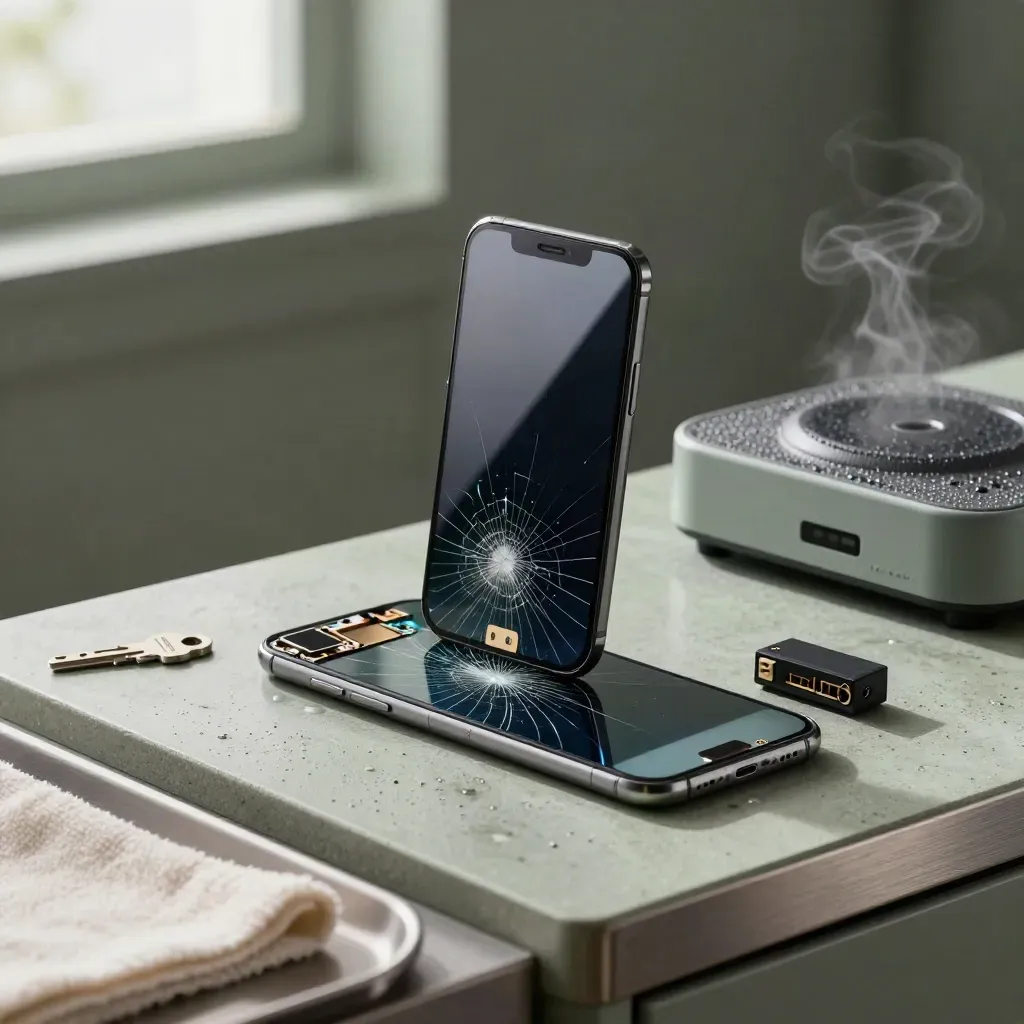 Cracked phone repair parts on a pale stone counter beside a drying station