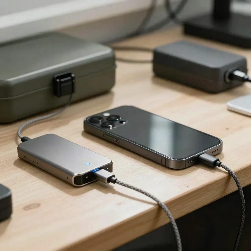Phone, external drive, and storage case on pale wood during a backup.