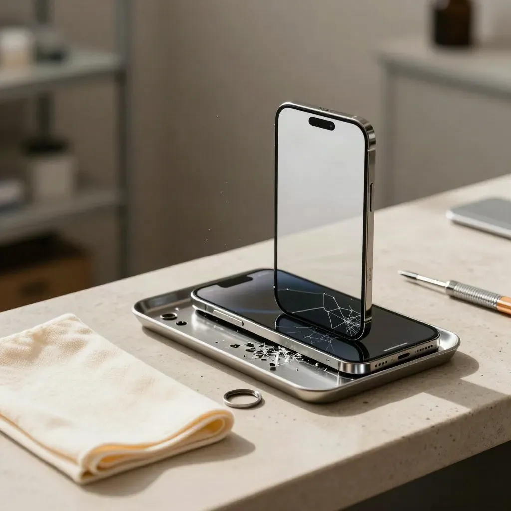 Pristine iPhone beside its shattered screen in a parts tray, ready for pickup