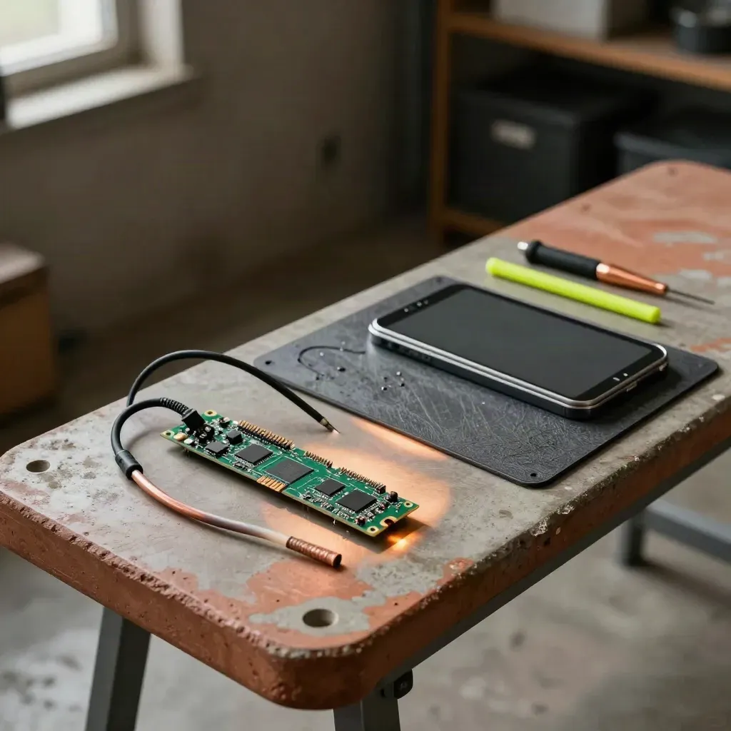 Tablet recovery bench with NAND adapter, logic board, dock and warm tools on concrete.
