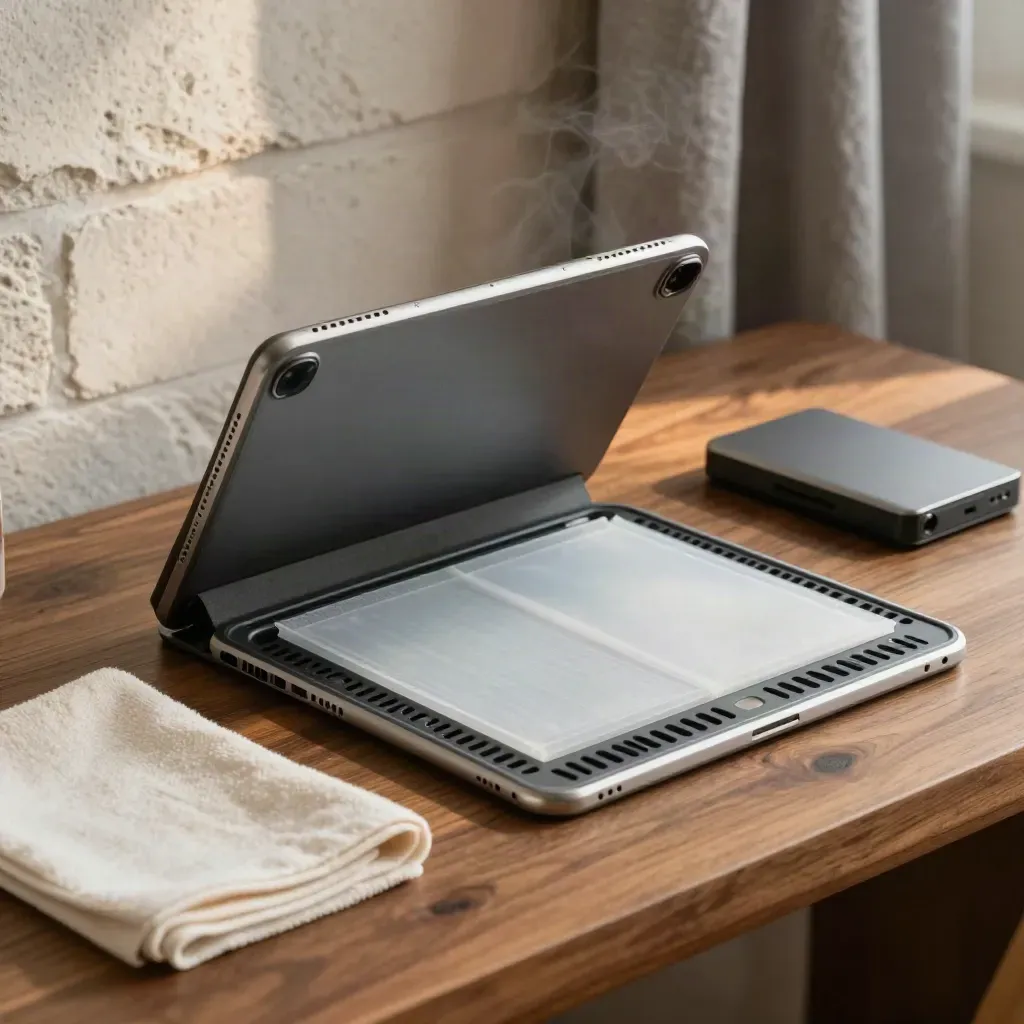 Open iPad shell drying on a cradle beside silica packs, cloth, and backup drive on a warm repair bench.