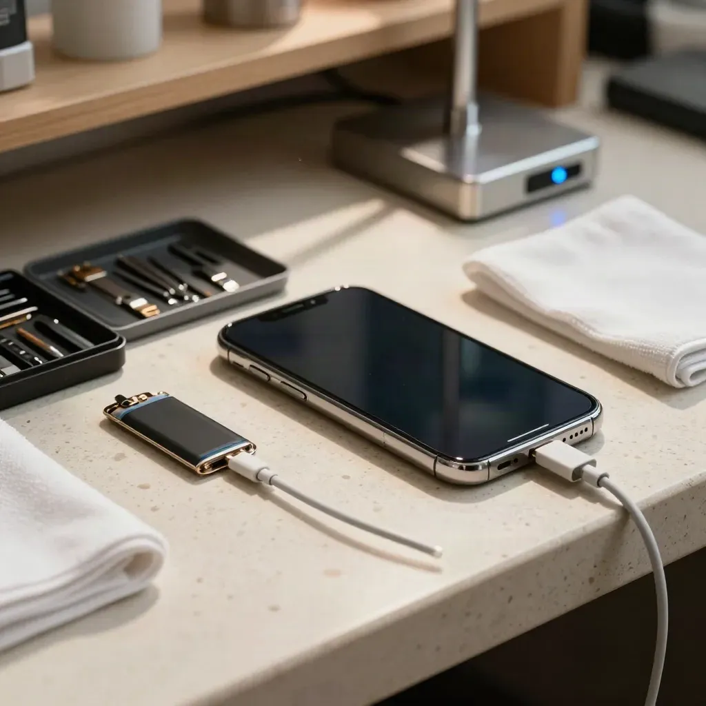 Phone charging beside the old battery and repair tools, low angle with a soft blue glow.