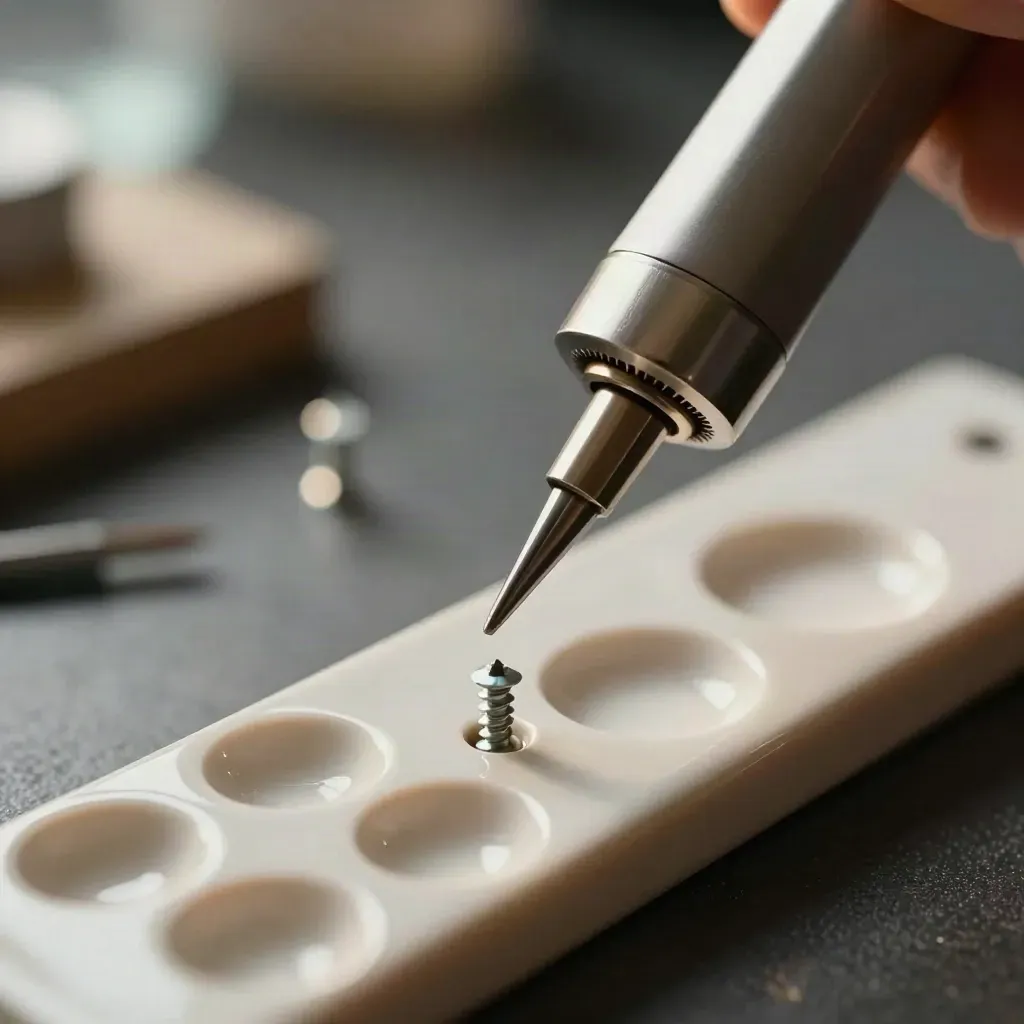 Extreme macro of repair tweezers, ceramic screw mat, and hot-air nozzle on an anti-static bench.