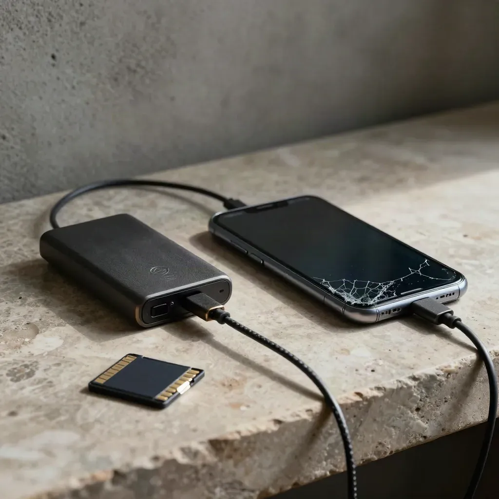 Cracked phone beside backup drive, cable, and memory card case on a stone repair bench.