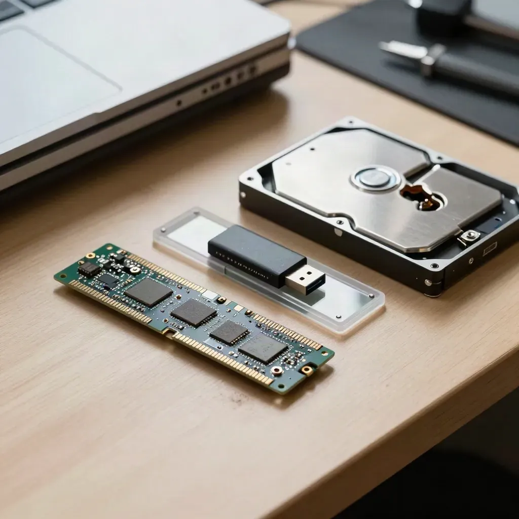 Data recovery tools on pale wood: adapter board, slide tray, USB bridge, open drive enclosure.