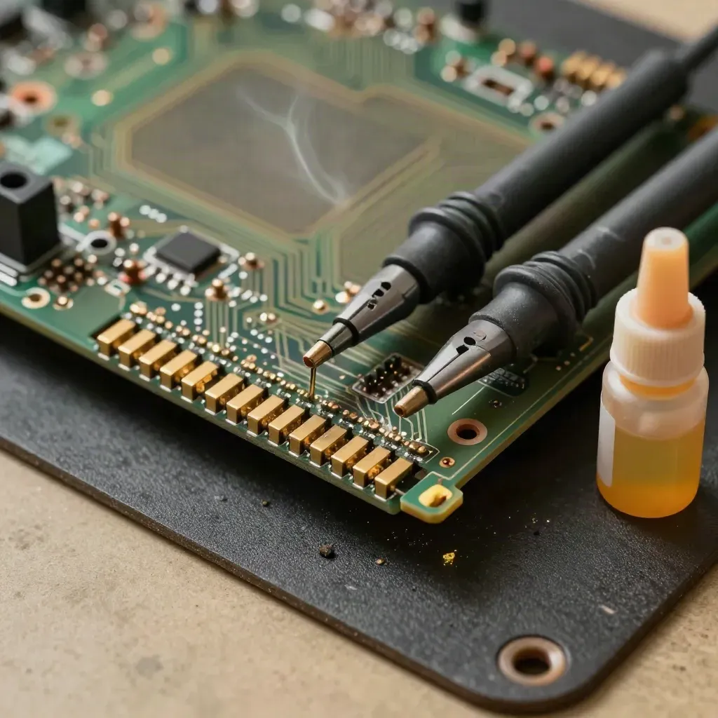 Close-up of repair probes, flux bottle, swabs and a board-edge connector on an ESD mat.