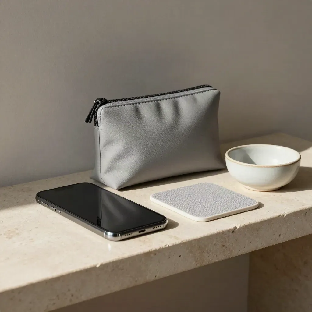 Closed phone, zip pouch, anti-static mat and ceramic key bowl on a stone shelf, side-lit.