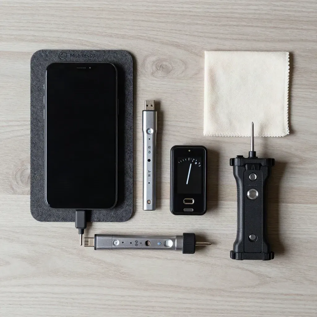 Top-down repair diagnostic flatlay with phone, tester, battery meter and felt pad