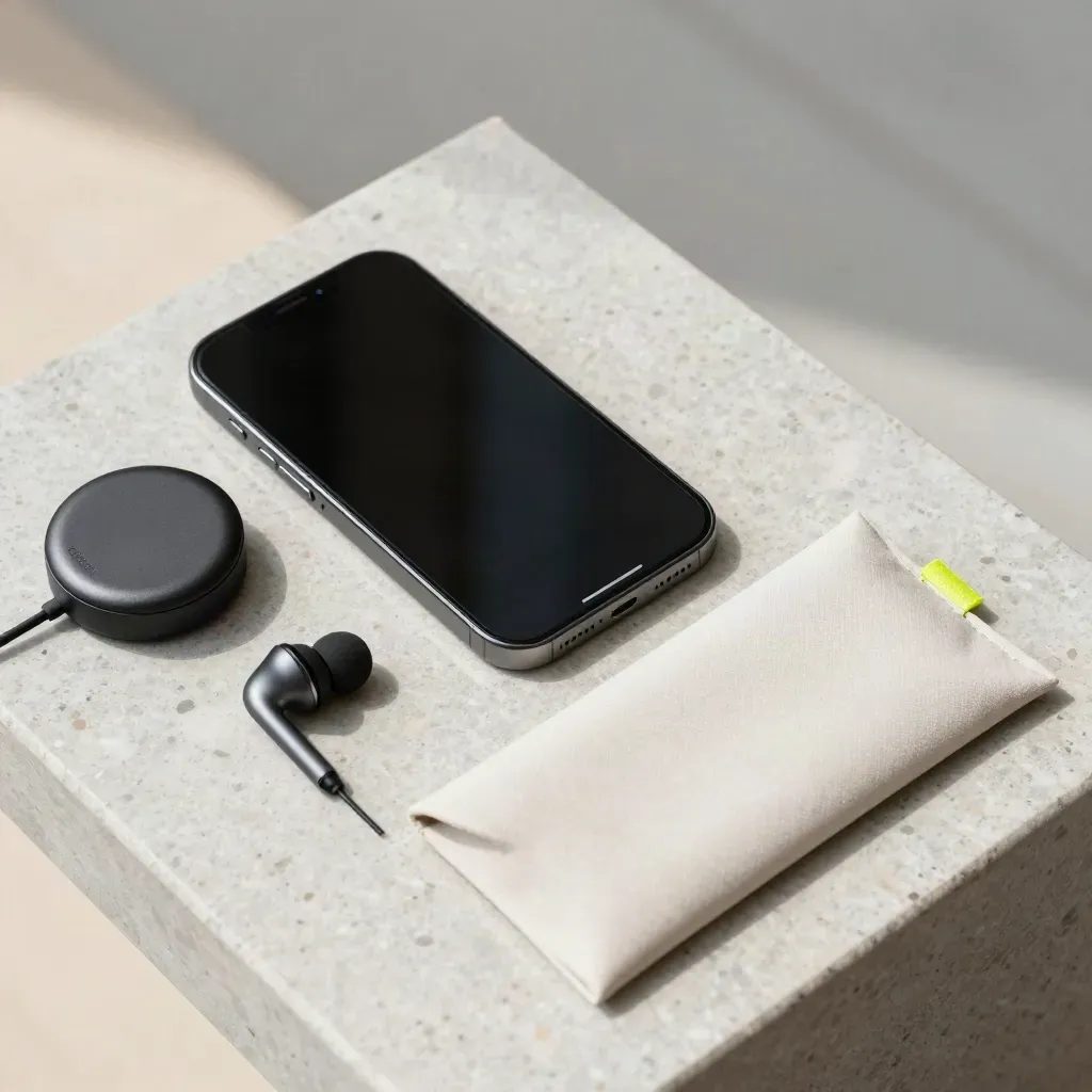 Overhead phone repair flatlay with charger puck, test earpiece, and return sleeve.
