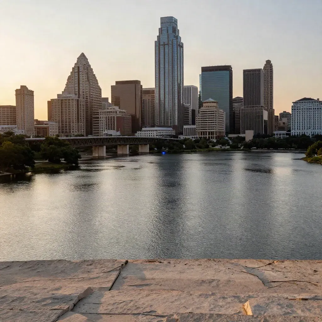 Austin skyline above Lady Bird Lake at sunset with calm water and haze
