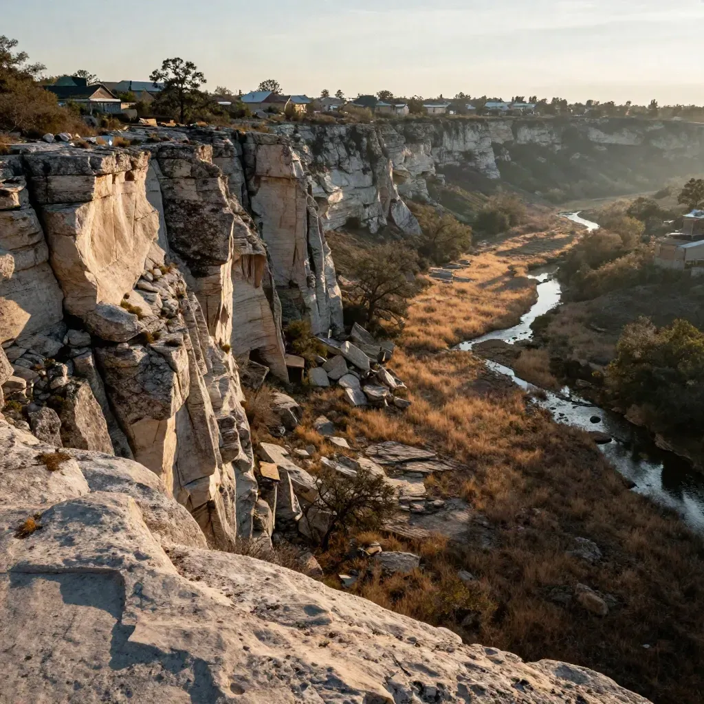 Golden-hour Barton Creek bluffs above a quiet South Austin creek basin with hazy rooflines.