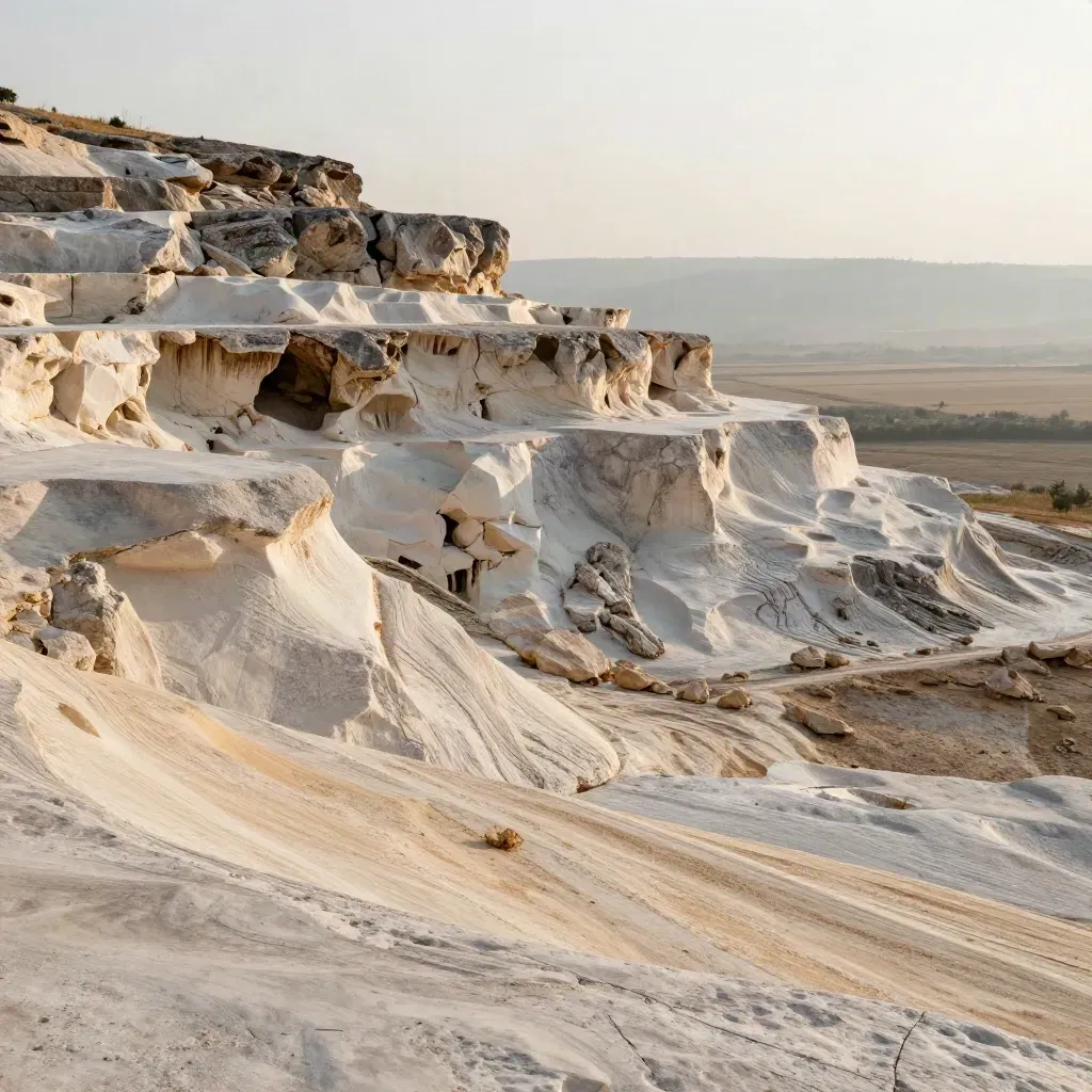 Travertine terraces and limestone outcrops above a calm neutral copy space.