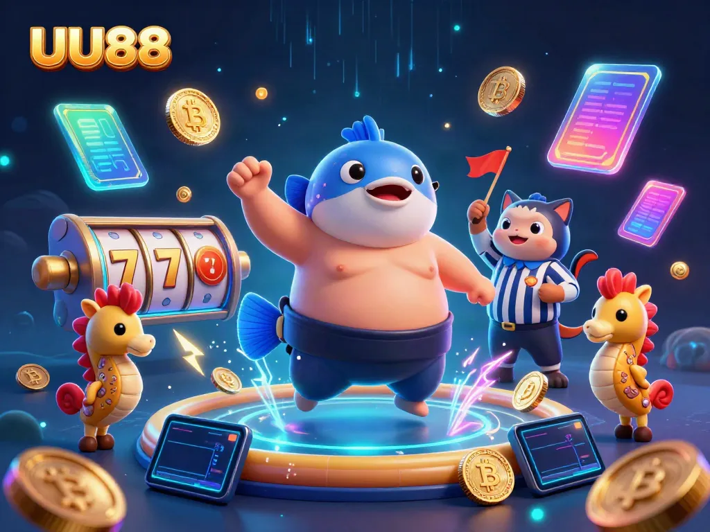 Experience UU88 gaming with dynamic slot reels, a blowfish character, and a vibrant underwater scene