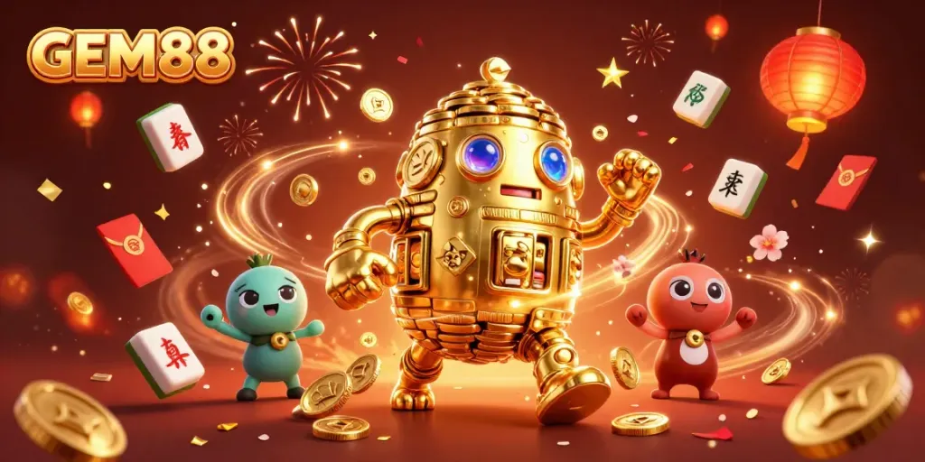 Experience the excitement of GEM88 with a dazzling golden golem and vibrant casino elements