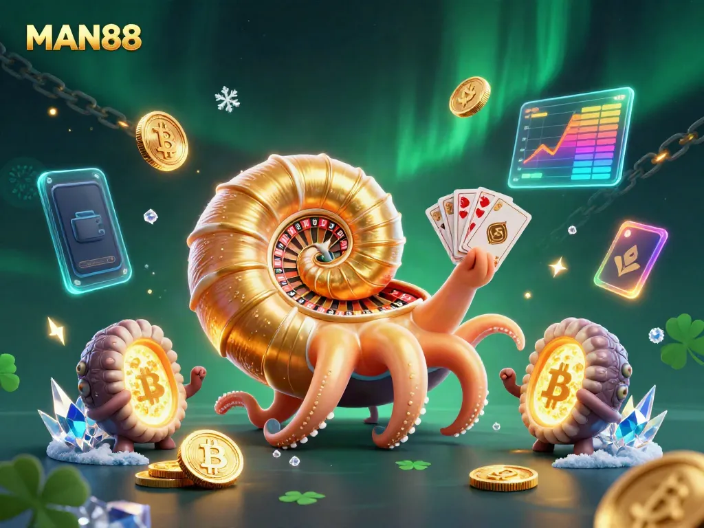 Spin the roulette wheel with MAN88, featuring a giant nautilus and rich casino elements.