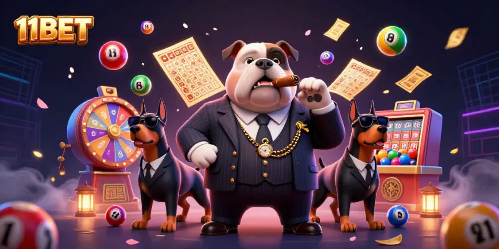 Experience the thrilling gameplay of 11BET with a vibrant casino scene featuring animated lottery elements.