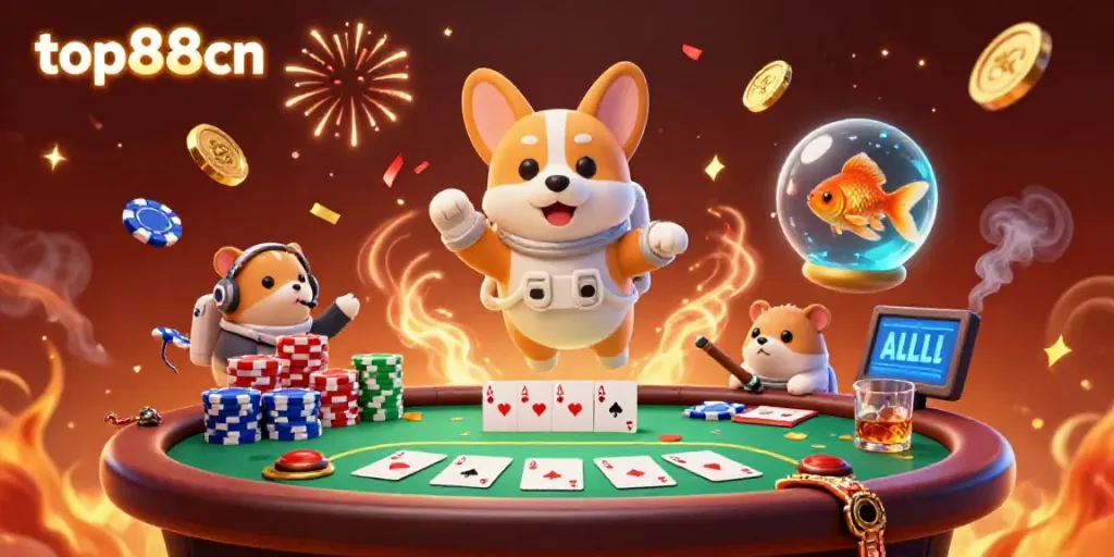 Experience top88cn's vibrant atmosphere with a floating corgi and unique casino elements in this engaging illustration.