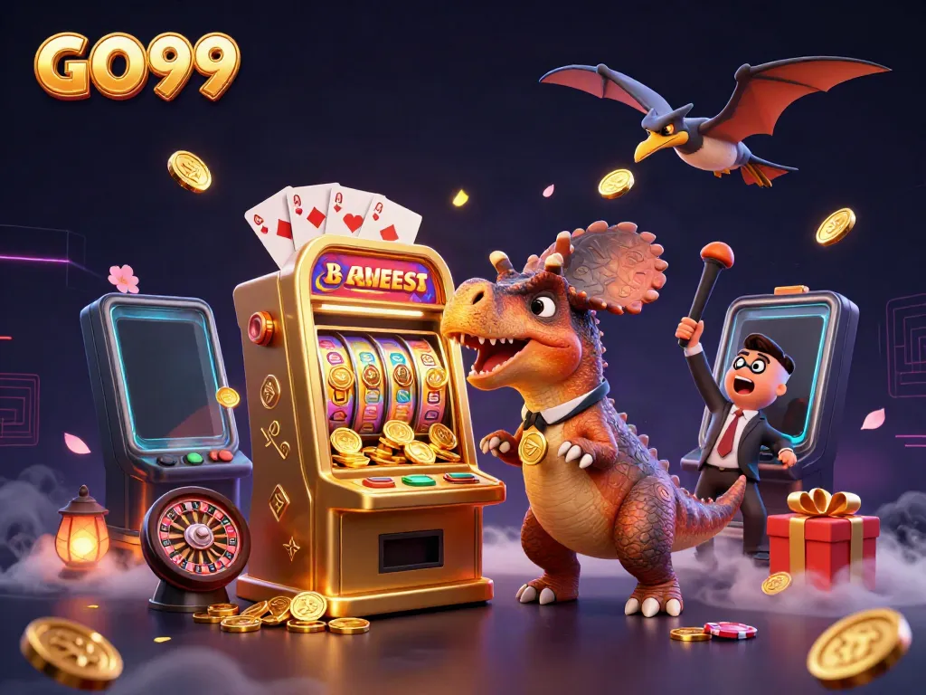 GO99 dynamic casino illustration with characters and golden jackpot coins flying around.